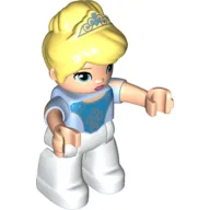 Duplo Figure with Bright Light Yellow Hair with Tiara, Light Nougat Arms, White Legs, Dark Azure Design Print (Cinderella) / Bright Light Blue
