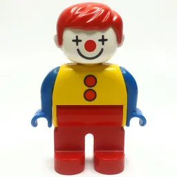 Duplo Figure, Early, with Short Parted Hair Red, Red Legs, Red Buttons, Blue Arms, and Clown Face Print / Yellow