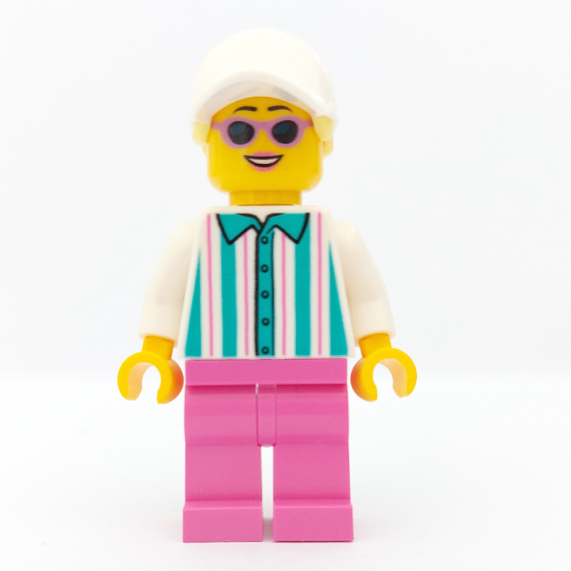 Lego Woman, White and Dark Turquoise Striped Shirt, Dark Pink Legs, White with Hair