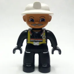 Duplo Figure with Fireman Helmet White, and Gray Mustache, Black Hands / Black