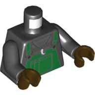 Lego Torso Overalls, Green over Shirt, Necklace with Tooth/Fang/Claw Pendant print, Black Arms, Dark Brown Hands / Black
