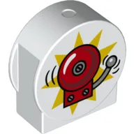 Duplo Brick 1 x 3 x 2 Round Top, Cut Away Sides with Ringing Fire Alarm Bell, Yellow Background Print / White