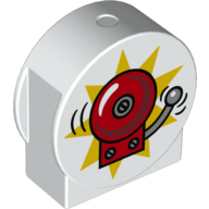Lego Duplo Brick 1 x 3 x 2 Round Top, Cut Away Sides with Ringing Fire Alarm Bell, Yellow Background Print / White