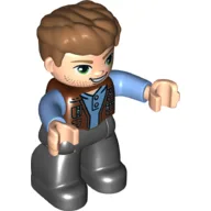 Duplo Figure with Thick Hair Combed Forward, with Black Legs, Medium Blue Shirt under Vest (Owen Grady) / Reddish Brown