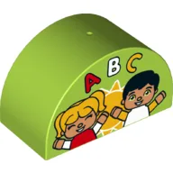 Duplo Brick 2 x 4 x 2 Curved Top with Sun, Two Children, and ABC Print / Lime
