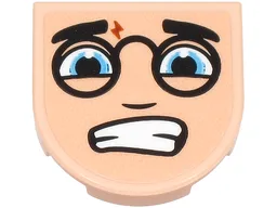 Tile, Round 2 x 2 Half Circle Extended with Black Eyebrows and Round Glasses, Eyes, Lightning Bolt Scar, Scared Open Mouth with Teeth Pattern (Harry Potter Face) (Sticker) - Set 76470