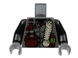 Torso Dino Vest with Dark Red Harness, Canteen, White Rope Pattern / Black Arms / Dark Bluish Gray Hands