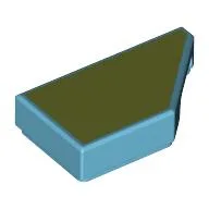 Tile 1 x 2 with Stud Notch Right with Olive Green Print / Medium Azure