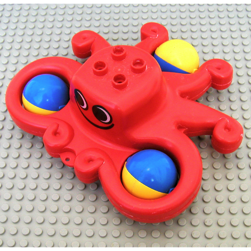 Lego Duplo Rattle Octopus with Three Yellow and Blue Ball Wheels Face Print / Red