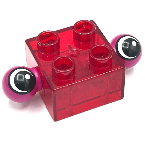 Lego Duplo Brick 2 x 2 with 2 Dark Pink Protruding Eyes / Trans-Red