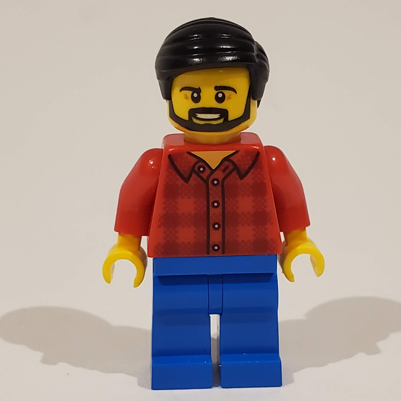 Lego Man, Red Flannel Shirt, Blue Legs, Black Hair, Beard