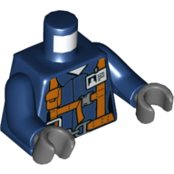 Lego Torso Shirt with Belt, Orange Safety Harness, ID Badge, Pockets, Radio Print, Dark Blue Arms, Dark Bluish Gray Hands / Dark Blue