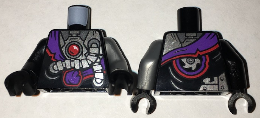 Lego Torso Ninjago Robe with Purple Sash with Knot, Mechanical Parts and Silver Saw Blade Pattern / Flat Silver Arm Left / Black Arm Right / Black Hands