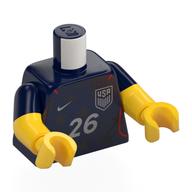Lego Torso, Dual Molded Arms with Football Shirt, Black Stars, Silver USA Logo, '26', Nike Logo print, Dark Blue Sleeves Pattern, Yellow Arms and Hands / Dark Blue