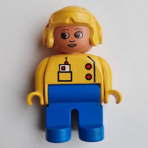 Lego Duplo Figure, Early, Aviator Hat Yellow, Blue Legs, Two Red Buttons, Pocket with Radio Print / Yellow