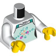 Lego Torso, Light Aqua Apron, Dark Turquoise Straps, Flowers, Pearl Necklace print, White Arms, Yellow Hands / White