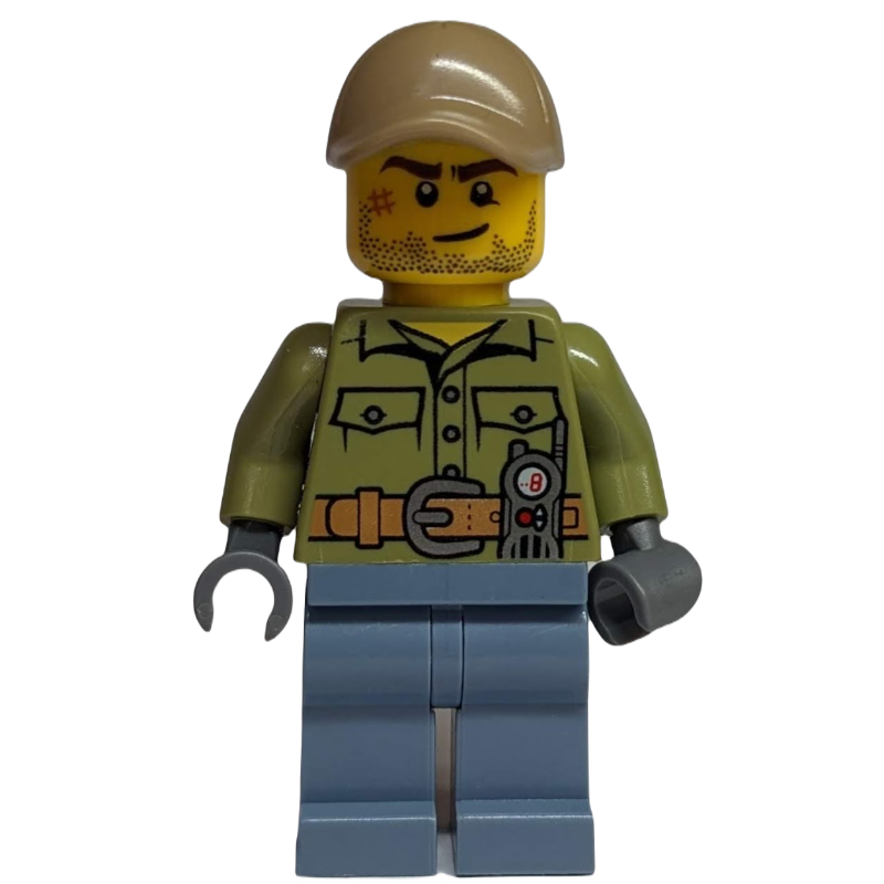 Lego Volcano Explorer, Man, Olive Green Shirt, Sand Blue Legs, Dark Tan Cap, Stubble