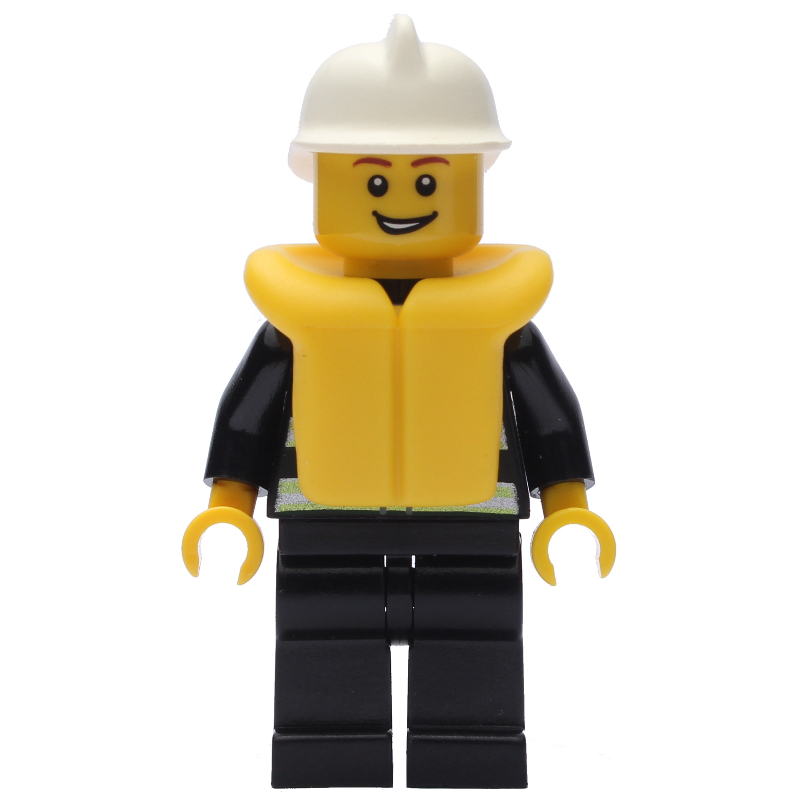 Lego Fireman, Black Fire Jacket with Reflective Stripes, Radio, and Badge, White Helmet, Yellow Life Vest 2610, Open Mouth
