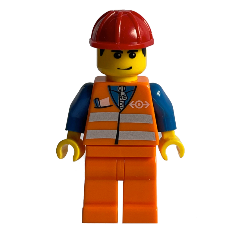 Lego Train Worker - Orange Safety Vest, Orange Legs, Red Helmet