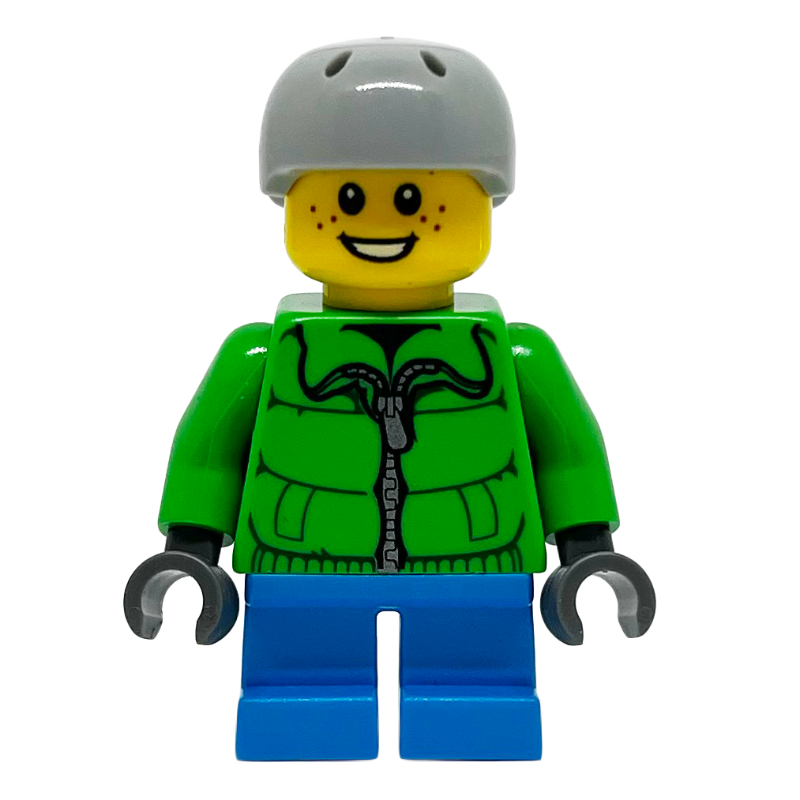 Lego Boy, Green Jacket, Short Dark Azure Legs, Light Bluish Gray Helmet