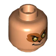 Minifig Head Evil Macaque, Dark Orange Around Gold Eyes with Smirk / Dark Red Around Eyes with White Right Eye and Grin Showing Teeth Print / Nougat