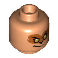 Lego Minifig Head Evil Macaque, Dark Orange Around Gold Eyes with Smirk / Dark Red Around Eyes with White Right Eye and Grin Showing Teeth Print / Nougat