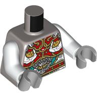 Lego Torso, Tunic, Dark Red/Gold/White/Dark Turquoise Decorations print, White Arms, Light Bluish Gray Hands / Flat Silver