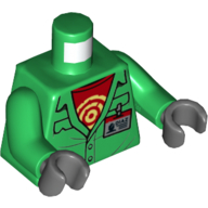 Lego Torso Jacket, ID Badge, Red Shirt with Yellow Circles, Green Arms, Dark Bluish Gray Hands / Green