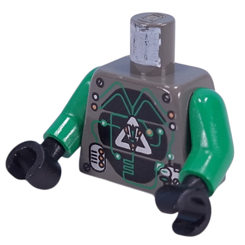 Lego Torso Insectoids Silver Logo on Black Panels, 2 Silver Panels Print, Green Arms, Black Hands / Dark Gray