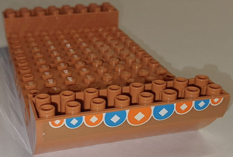 Lego Boat, Hull Large Middle 8 x 16 x 2 1/3 with 5 Holes with White Squares in Dark Azure and Orange Circles Pattern on Both Sides (Stickers) - Set 41702