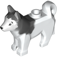 Lego Animal, Dog, Husky with Black Eyes, Black Nose Print and Marbled Dark Bluish Gray Ears and Back Pattern / White