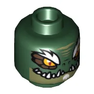 Minifig Head Crominus, Dual Sided, Crocodile with Dark Brown Eye Borders, White Eyebrows, Wide Eyes / Narrow Eyes Print [Hollow Stud] / Dark Green
