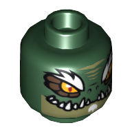 Lego Minifig Head Crominus, Dual Sided, Crocodile with Dark Brown Eye Borders, White Eyebrows, Wide Eyes / Narrow Eyes Print [Hollow Stud] / Dark Green
