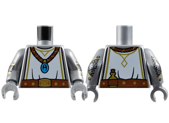 Lego Torso White Surcoat, Reddish Brown Jewel Necklace and Belt, Gold Buckle and Trim Pattern / Flat Silver Arms with Armor and Chain Mail Pattern / Flat Silver Hands