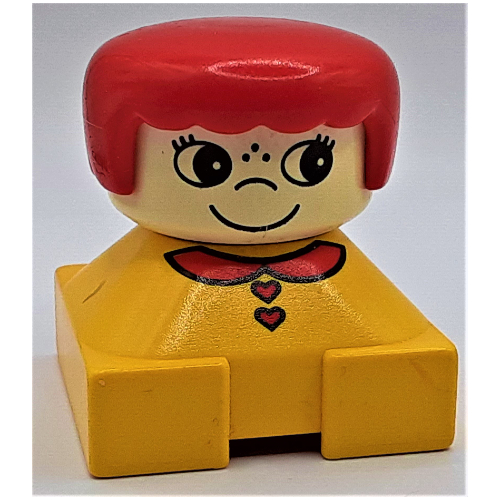 Lego Duplo 2 x 2 x 2 Figure Brick, Rounded Bangs, White Head, Red Hair, Red Collar and Heart Buttons, Freckles Print / Yellow