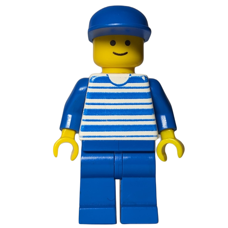 Lego Man, White and Blue Striped Shirt, Blue Legs, Blue Cap