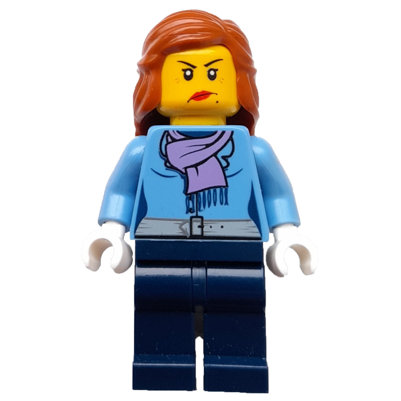 Lego Woman, Medium Blue Jacket with Medium Lavender Scarf, Dark Blue Legs