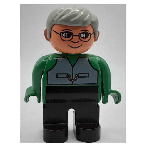 Lego Duplo Figure, Early, with Short Parted Hair Light Gray, Black Legs, Gray Vest, Nose, Glasses Print / Green