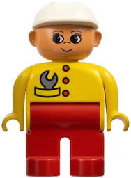Duplo Figure, Female, Red Legs, Yellow Top with Red Buttons & Wrench in Pocket, Construction Hat White
