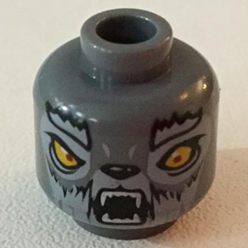 Lego Minifig Head Wakz, Dual Sided, Wolf with Yellow Eyes, Fur, Eyebrows, Fangs, Closed Mouth / Open Mouth Print [Blocked Open Stud] / Dark Bluish Gray