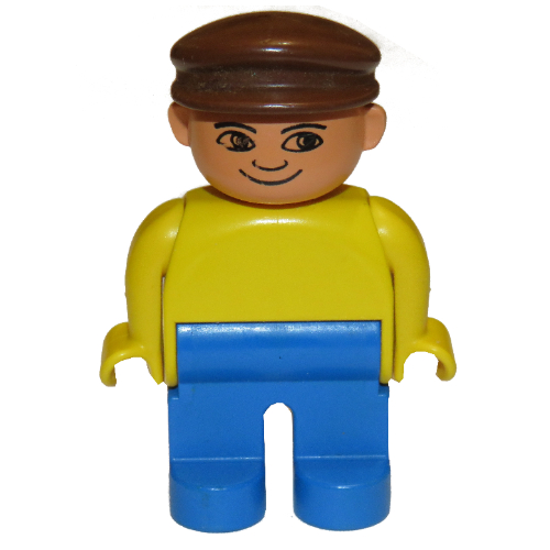 Lego Duplo Figure, Early, with Flat Cap Brown, Blue Legs, no White in Eyes Print / Yellow
