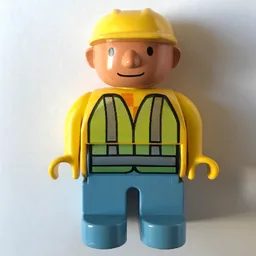 Duplo Figure, Early, Hard Hat Yellow, Medium Blue Legs, Lime Construction Jacket Print (Bob the Builder) / Yellow