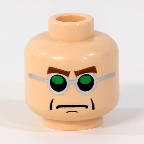 Lego Minifig Head Dr Octopus (Doc Ock), Green and Silver Glasses, Brown Arched Eyebrows, Frown Print / Light Nougat