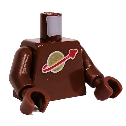Lego Torso, Classic Space Logo print, Reddish Brown Arms and Hands / Reddish Brown