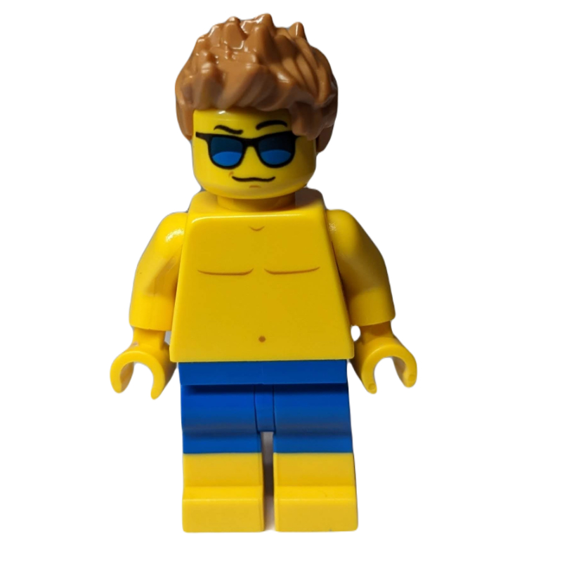 Lego Man, Shirtless, Blue Swim Trunks, Medium Nougat Hair, Sunglasses