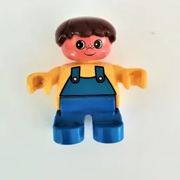 Duplo Figure, Early Child, Hair Swept Left Brown, Blue Legs, Blue Overalls Print / Yellow