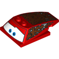 Lego Brick Wedged, Curved 6 x 4 x 1 1/3 with 4 x 4 Base with Blue Eyes, Windows and Mud Print (Lightning McQueen) / Red
