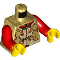 Lego Torso Tunic, Pearl Gold with Ornate Decorations and Clasps Print, Red Arms, Yellow Hands / Pearl Gold