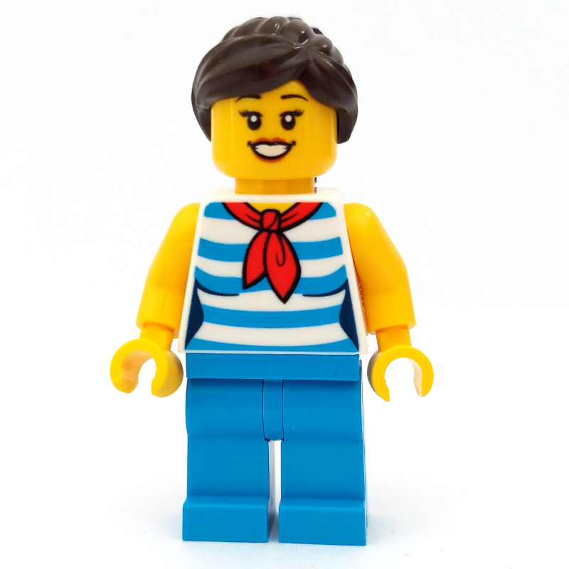 Lego Woman, Dark Azure Striped Shirt, Dark Azure Legs, Dark Brown Hair