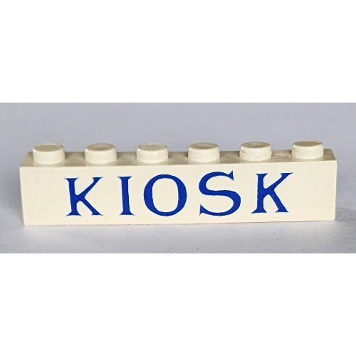 Lego Brick 1 x 6 without Bottom Tubes with Cross Side Supports with 'KIOSK' Serif Blue print / White